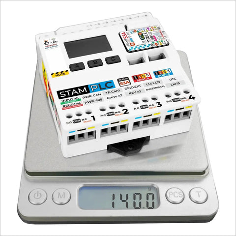 Industrial PLC Controller With StampS3A Core And Wireless IoT Support Plug And Play M5stampS3 Module 8 Opto Isolated Digital Inputs 4 Relay Outputs Easy Remote Monitoring For Smart Automation shown on a digital scale