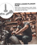 Heavy Duty Stainless Steel Retractable Spring Plunger Locking Pins For Rolling Toolboxes And Shop Cabinets Features Knurled Grip And No Sweat Adjust For Reliable Safety Latch Performance, shown on a motorcycle.