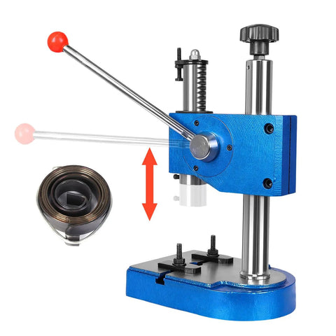 Built Tough Half Ton Manual Press Heavy Duty Iron Desktop Arbor Tool With Spring Assisted Lever For No Sweat Shaft Installation and Smooth Shop Bench Upgrades with red lever and adjustable base.