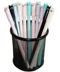 Cute Cat Gel Pens 0.5mm Set Of 12 For School And Office, Kawaii Style Black Ink, displayed in a black mesh pen holder, various pastel caps