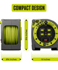 Front and side view of 40 Ft Retractable Extension Cord Reel With 4 Grounded Outlets, Safety Overload Circuit Breaker, Power Switch, 14AWG Cable, Portable Heavy Duty Power Station On The Go For Home, Shop, And Outdoor Use, dimensions shown in inches, featuring compact design with grey and yellow detailing.