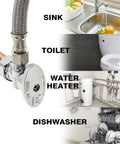 Chrome angle stop valve with braided hose; 1/2 in nominal inlet to 3/8 in outlet, 1/4-turn shutoff