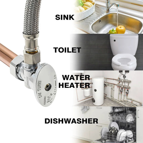 Chrome angle stop valve with braided hose; 1/2 in nominal inlet to 3/8 in outlet, 1/4-turn shutoff