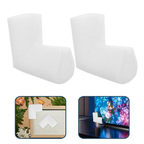 Epe Foam Corner Protectors Pack Of 12 White Lightweight Multi Purpose Edge Cushions For Furniture And Mirror Protection During Shipping And Storage Protection Solutions. White foam edge protectors on a frame and TV.