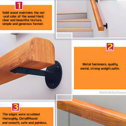 Premium Solid Wood Stair Handrail 2 Foot Wall Mounted Guardrail close-up of natural wood texture and metal bracket detail.
