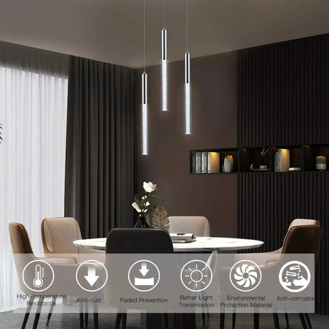 Three Pack Modern LED Pendant Lights For Kitchen Island Bar Dining Room And Bedroom With Bubble Acrylic Mini Chandelier 6000K Cool White Chrome Finish Dope Modern Glow above dining table