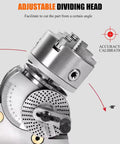 Built Like A Tank Cast Iron Dividing And Indexing Head With 3 Jaw Universal Chuck for Vertical And Horizontal Milling Machines, adjustable angle view.