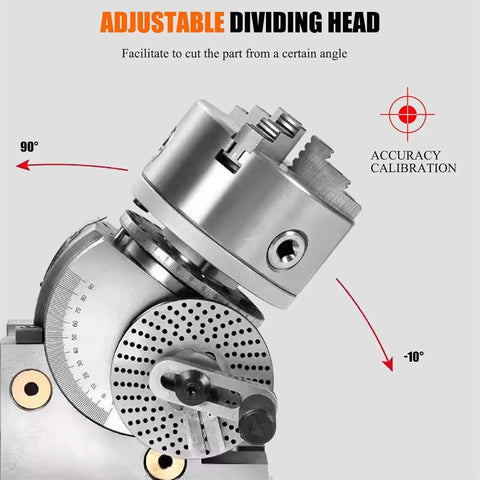 Built Like A Tank Cast Iron Dividing And Indexing Head With 3 Jaw Universal Chuck for Vertical And Horizontal Milling Machines, adjustable angle view.