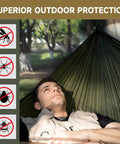 Man relaxing in Camping Hammock With Mosquito Net And Ridge Rope For Two, Extra Large 114x55 Inch, outdoors protection shown.