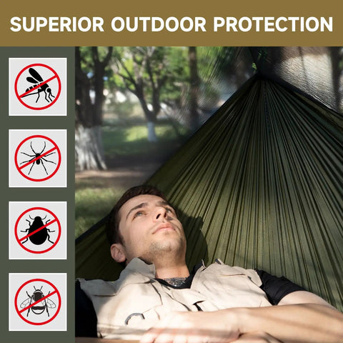 Man relaxing in Camping Hammock With Mosquito Net And Ridge Rope For Two, Extra Large 114x55 Inch, outdoors protection shown.