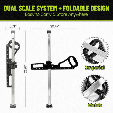 Front view of Zozen drywall cutter with foldable frame, dual imperial/metric scale, adjustable height, blade storage.