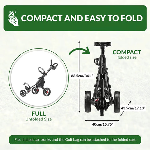 Compact and folded view of Ultra Lightweight Aluminum 3 Wheel Golf Push Cart With Quad Fold Frame EVA Wheels.