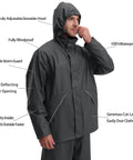 Mens Heavy Duty Waterproof Rain Suit Three Piece Set Featuring Pu Coated Jacket And Relaxed Fit Pants designed for outdoor use, model wearing black waterproof jacket with hood.