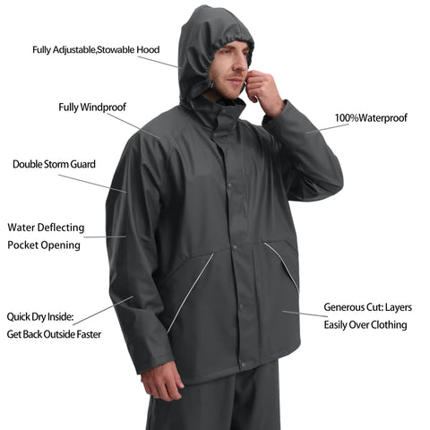 Mens Heavy Duty Waterproof Rain Suit Three Piece Set Featuring Pu Coated Jacket And Relaxed Fit Pants designed for outdoor use, model wearing black waterproof jacket with hood.