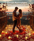 Homemory flameless LED tea lights on a rose-petal wooden deck with a couple embracing at sunset.