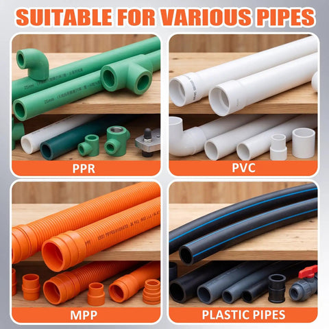 ElaraBerry 4 In One Water Pipe Wrench And Threader Tool Kit For 1/2 3/4 And 1 Inch Pipes includes various pipe types like PPR, PVC, MPP, and plastic.