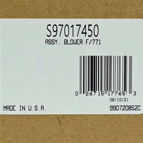 Label on package showing Replacement S97017450 Blower For Nutone Bathroom Exhaust Fans, barcode visible.