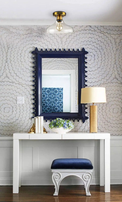 Modern Glass Semi Flush Mount Ceiling Light in Brass Finish mounted on ceiling, visible in a decorated hallway interior.