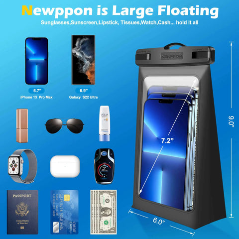 4 Pack Floating Waterproof Phone Pouches With Triangular Buoyancy Design showing size comparison and storage capacity