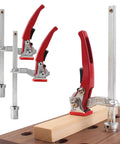 Two Pack Quick Ratchet Bench Dog Clamps For Woodworking Hold Downs On MFT Tables, red clamps securing wood.