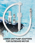 MorningRo Six Piece Lower Unit Gear Oil Pump Adapters For Outboard Motors with visible hose and metal swivel adapters near water.
