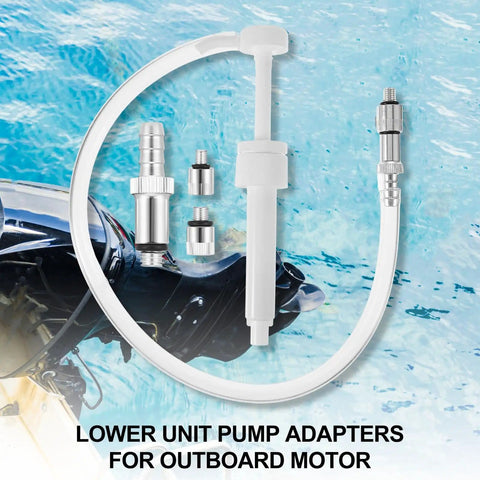 MorningRo Six Piece Lower Unit Gear Oil Pump Adapters For Outboard Motors with visible hose and metal swivel adapters near water.