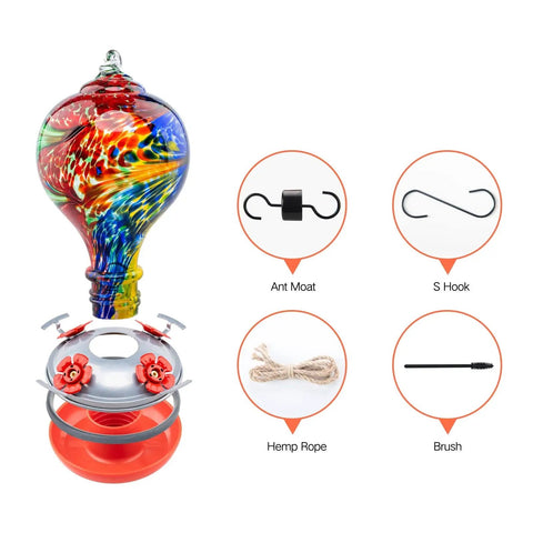 Nebula Color Hummingbird Feeder With Ant Moat And 32 Oz Nectar Capacity For Backyard Decor, shown with accessories and parts.