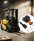 Universal 2 Point Harness Kit For Tractors Mowers And Buggy With 46 Inch Quick Extend Adjustable Length Includes Mounting Screws Rugged Orange Heavy Duty Polyester Webbing And Steel Buckle For Easy No Sweat Install In Minutes on a forklift background