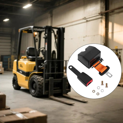 Universal 2 Point Harness Kit For Tractors Mowers And Buggy With 46 Inch Quick Extend Adjustable Length Includes Mounting Screws Rugged Orange Heavy Duty Polyester Webbing And Steel Buckle For Easy No Sweat Install In Minutes on a forklift background