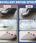 Before and after results using Clear Shoe Glue For Quick Fixes Heavy Duty Shoe Repair Adhesive on leather, rubber, and vinyl shoes.