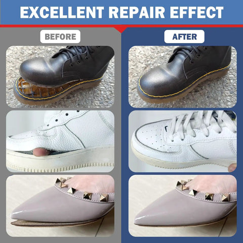 Before and after results using Clear Shoe Glue For Quick Fixes Heavy Duty Shoe Repair Adhesive on leather, rubber, and vinyl shoes.