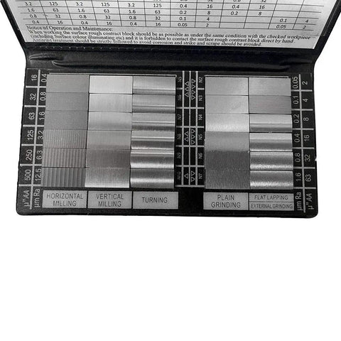 30 Pc Surface Roughness Specimen Comparator Pocket Set For Machinists And Inspectors With Realistic Finish Samples 7 8 Inch By 3 8 Inch Flat Lapping 2 4 8 Finishes Conforms To SAE And Military Specifications. Surface roughness comparator pocket set with milling, turning, and grinding finish samples