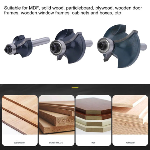 Hot New 3 Piece 1/4 Inch Shank Carbide Router Bit Set With Bearing Guide showcasing router bits ideal for chamfering on various woods.