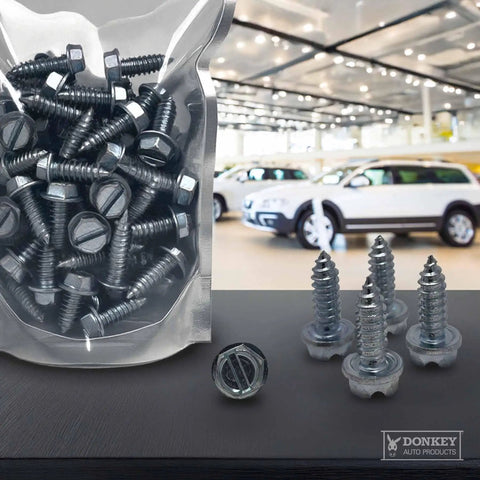 Close-up of License Plate Screws Size Fourteen By Three Quarter Inch Slotted Hex Head For Vehicles Pack Of 100 with cars.