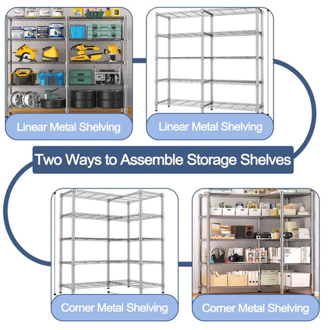 Tough As Nails Heavy Duty Wire Shelving Units, 3 Pack Kickass Adjustable Metal Storage Racks showcasing linear and corner setups.