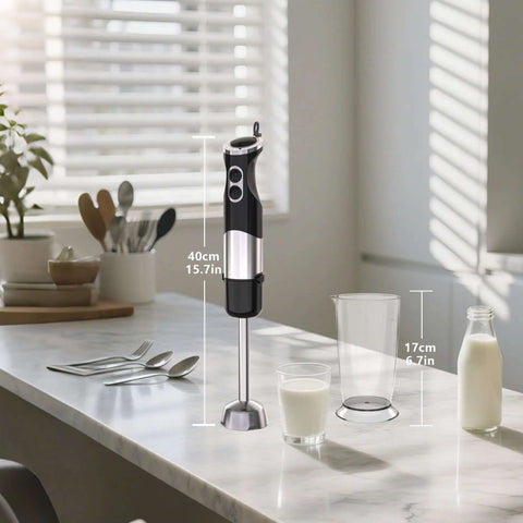 Powerhouse 800W 5 In 1 Handheld Immersion Blender With 12 Speeds on kitchen counter with measuring cup and milk.