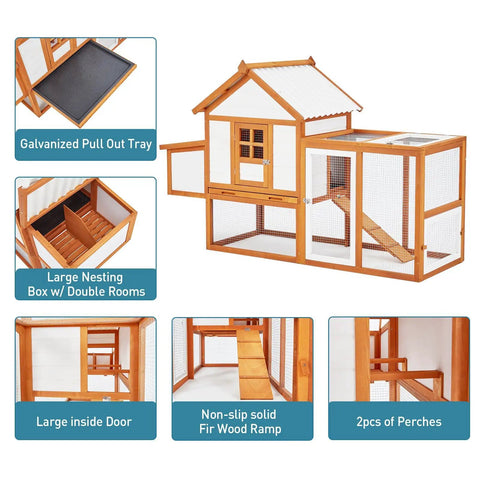 Outdoor Chicken Coop With Large Nesting Box And 5 Lockable Doors, weatherproof wooden hen house, PVC roof, and galvanized wire mesh