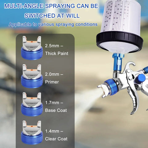 Straight Up Pro Quality HVLP Paint Spray Gun Delivers Hella Smooth Finishes With Four Stainless Steel Nozzles 1.4 To 2.5 Mm showcasing nozzle sizes and adjustable spray options.