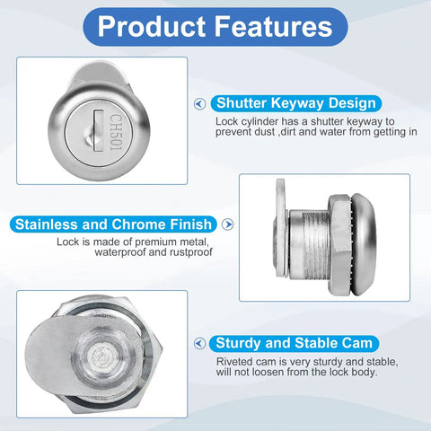 Truck Tool Box Lock Replacement 2 Pack Keyed Alike Five Eighth Inch Cylinder features including shutter keyway and chrome finish.