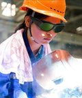 Wrap-Around Welding Glasses Offer Straight-Up UV Shield Blocking 99.9 Percent Rays in use during welding task.