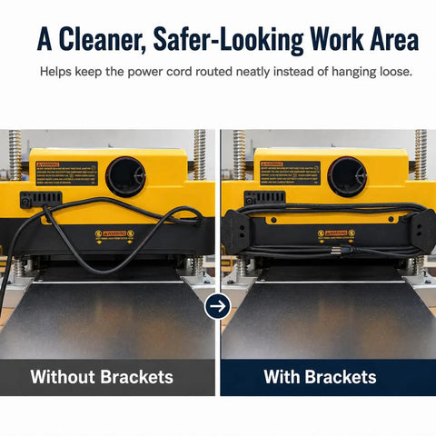 Kick Ass Screw Mount Power Cable Bracket For Dewalt DW735 Woodworking Planer illustrating clean cord routing comparison.