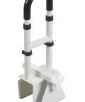 Adjustable Bathtub Grab Bar and Safety Rail With Easy Clamp-On Install in white powder-coated steel with non-slip foot pads