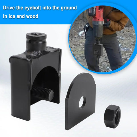 Dang Solid 1/2 Inch Square Drive Anchor Adapter Converts Eye Bolts To Impact Driver Ready Rigging Hardware For Up To 3/4 Inch Shafts On Every Rough Job Site, featured with nut and mounting plate.