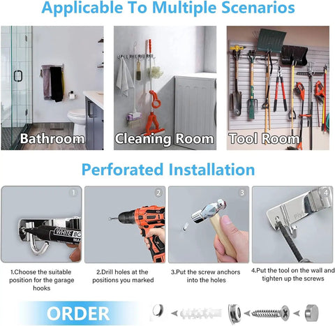 Heavy Duty Mop And Broom Wall Mount Organizer With Metal Utility Hooks, installation and use in bathroom, cleaning room, tool room