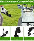 Golfer using On Course Go-To Essential 2-Piece Golf Towel And Club Cleaner Set with brush, attached to golf bag, green grass background