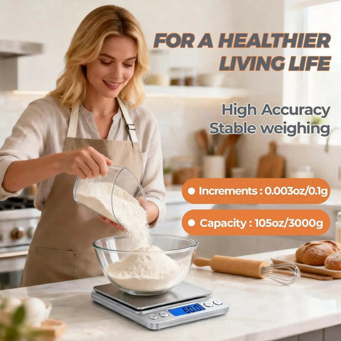 Woman using High Precision Kitchen Scale With 105 Oz Capacity And 0.01 Oz Accuracy For Cooking Baking And Meal Prep Tare Function Dual Trays