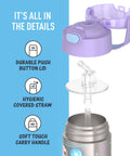 Kids Stainless Steel Water Bottle With Straw And Lid, 12 Ounce Vacuum Insulated details of lid, straw, and handle design