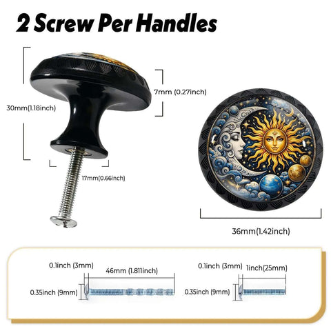 Retro Celestial Sun And Moon Cabinet Knobs Set Of 4 featuring round acrylic design with sun, moon, planets, and measurements