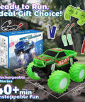 Amphibious Monster RC Truck With Waterproof Build, 4WD Off Road Remote Control Car with green body and colorful LED lights