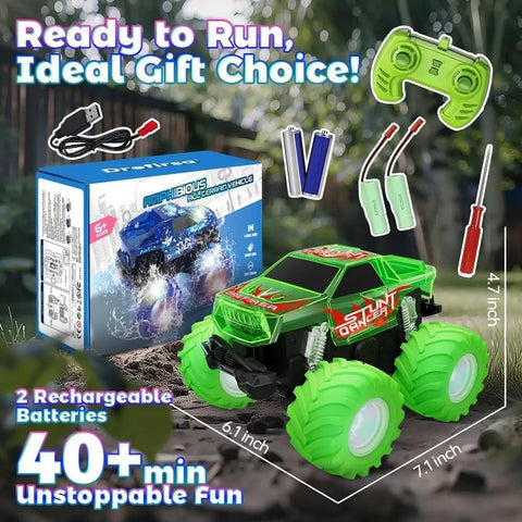 Amphibious Monster RC Truck With Waterproof Build, 4WD Off Road Remote Control Car with green body and colorful LED lights